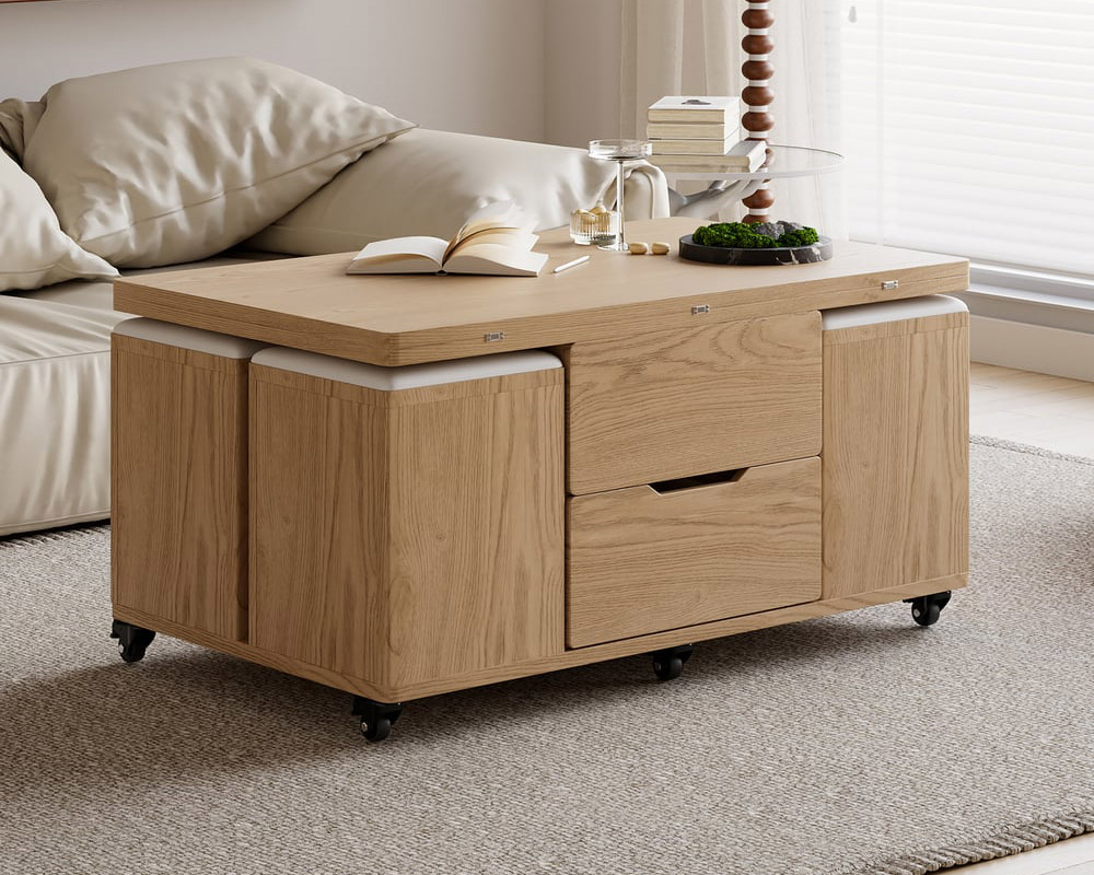 HMR 39" Lift-Top Foldable Coffee Table with 4 Stools & Storage - Natural
