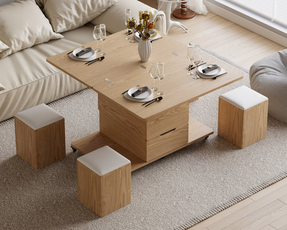 HMR 39" Lift-Top Foldable Coffee Table with 4 Stools & Storage - Natural