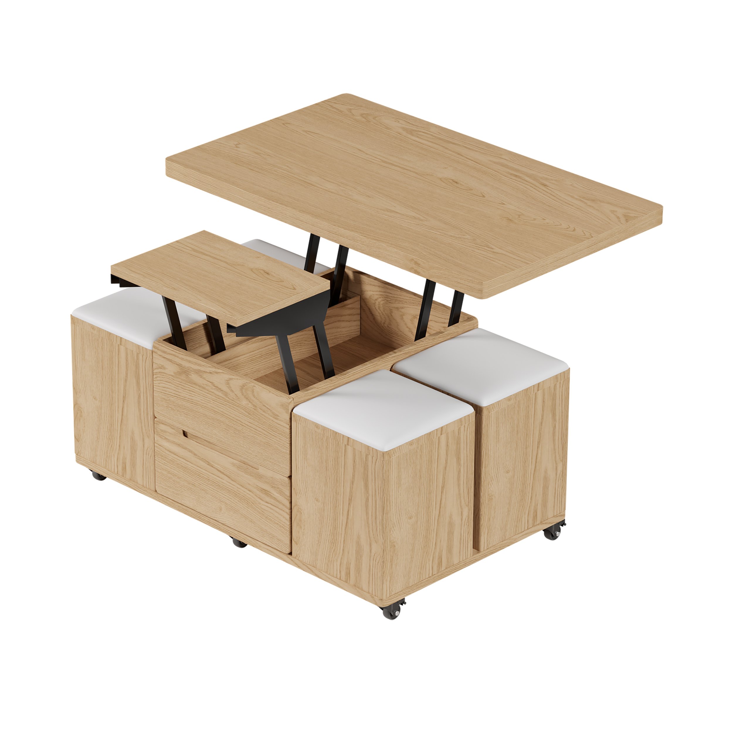 HMR 39" Lift-Top Foldable Coffee Table with 4 Stools & Storage - Natural