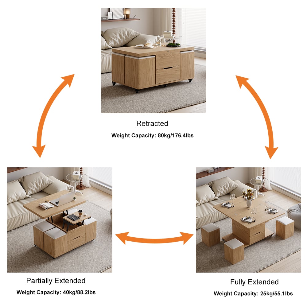 HMR 39" Lift-Top Foldable Coffee Table with 4 Stools & Storage - Natural