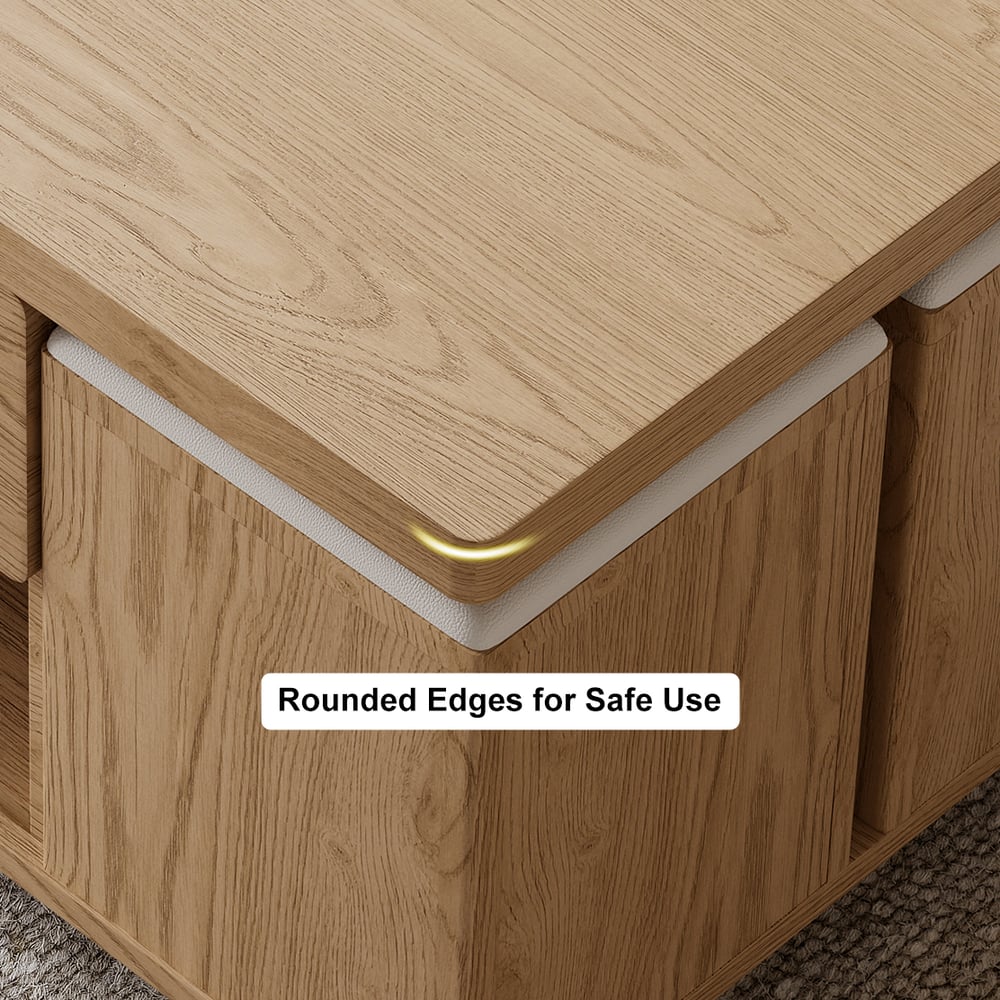 HMR 39" Lift-Top Foldable Coffee Table with 4 Stools & Storage - Natural