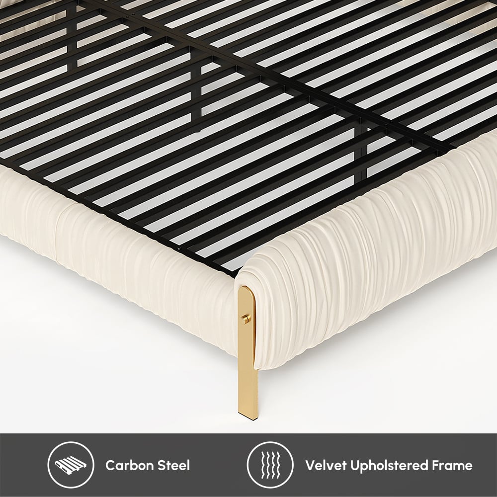 HMR - King Size Velvet Ruched Upholstered Bed Frame with Light & Charging Station