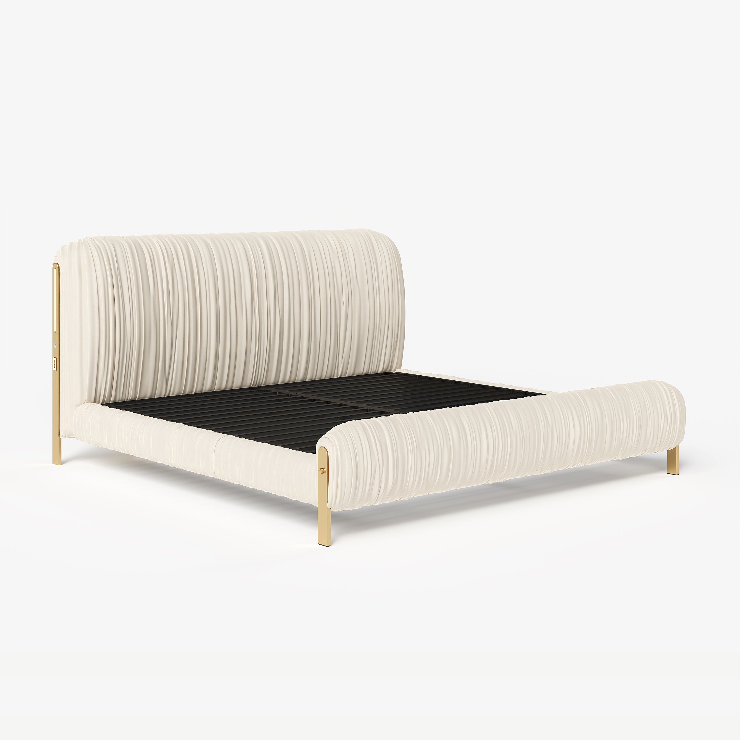 HMR - King Size Velvet Ruched Upholstered Bed Frame with Light & Charging Station