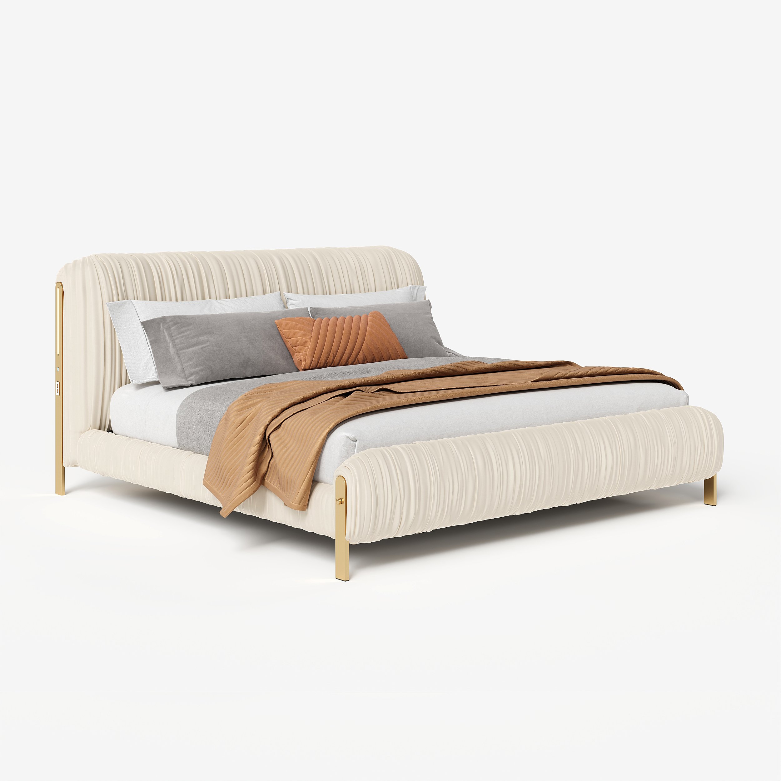 HMR - King Size Velvet Ruched Upholstered Bed Frame with Light & Charging Station
