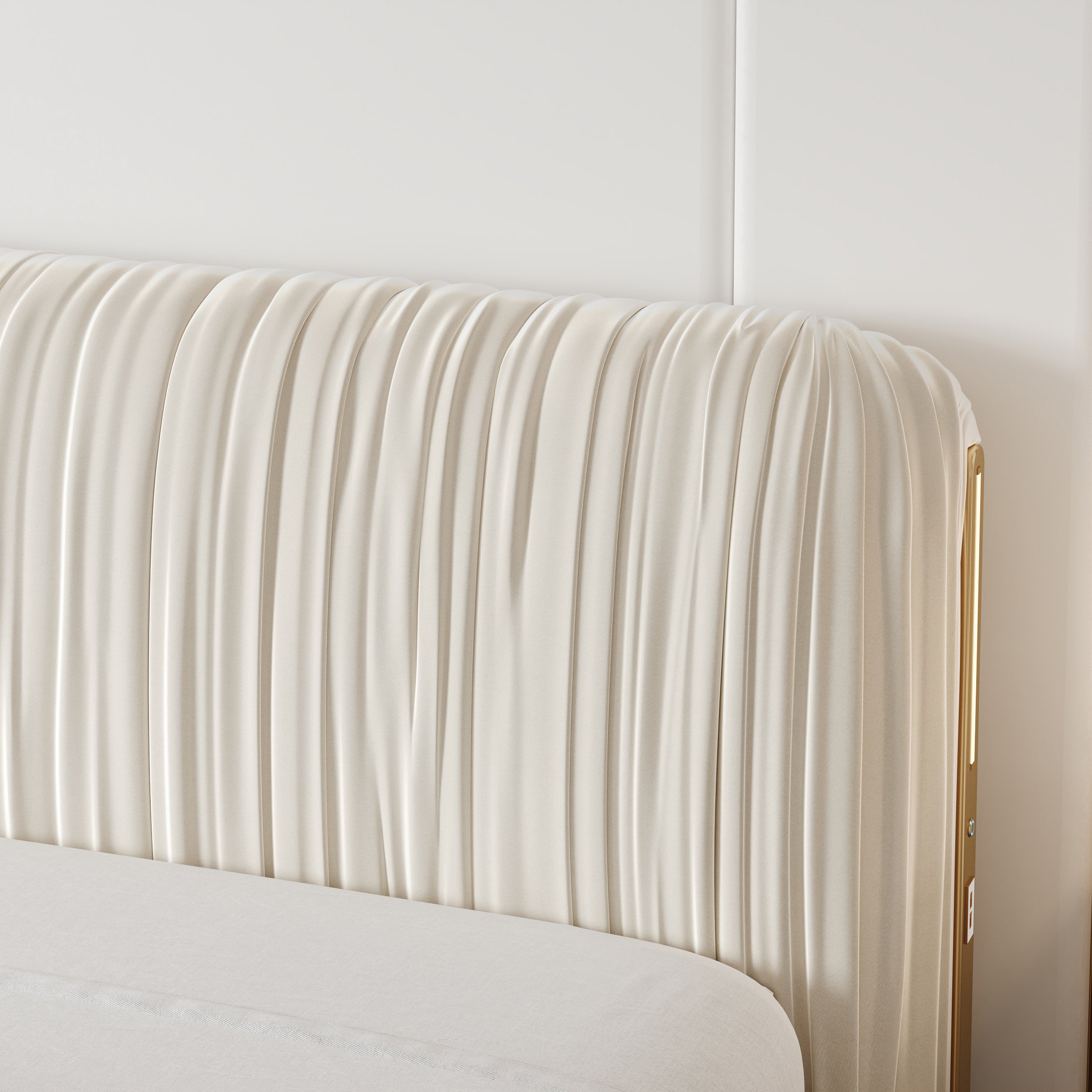 HMR - King Size Velvet Ruched Upholstered Bed Frame with Light & Charging Station
