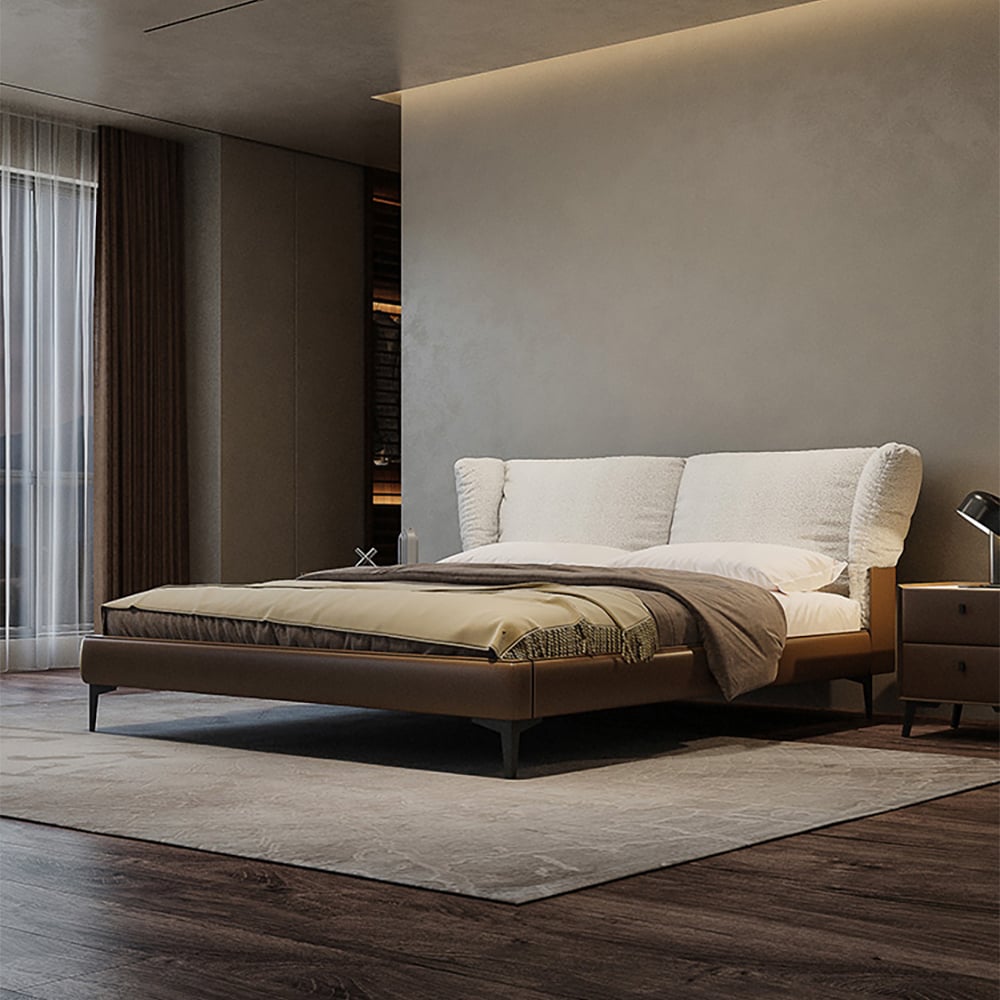 HMR - King Size Boucle & Leather Upholstered Headboard Bed Frame