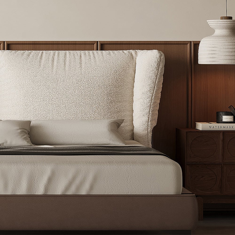 HMR - King Size Boucle & Leather Upholstered Headboard Bed Frame