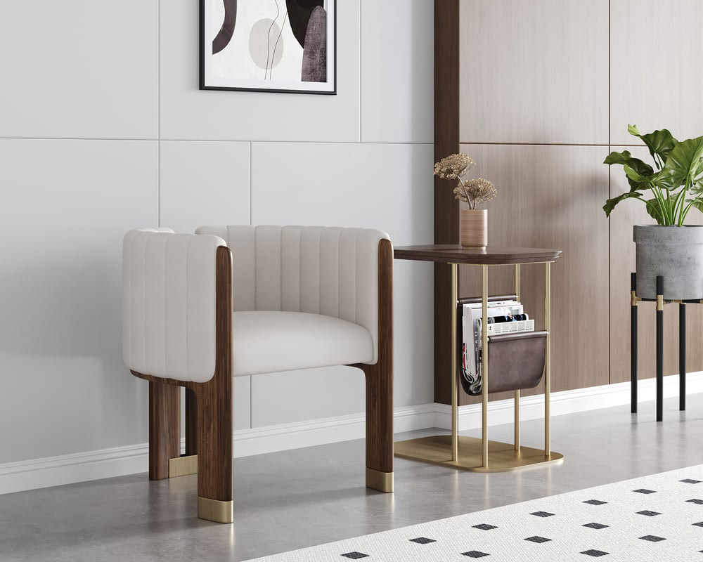 HMR Leather Fluted Upholstered Accent Chair with Wood Frame (Set of 2) - White