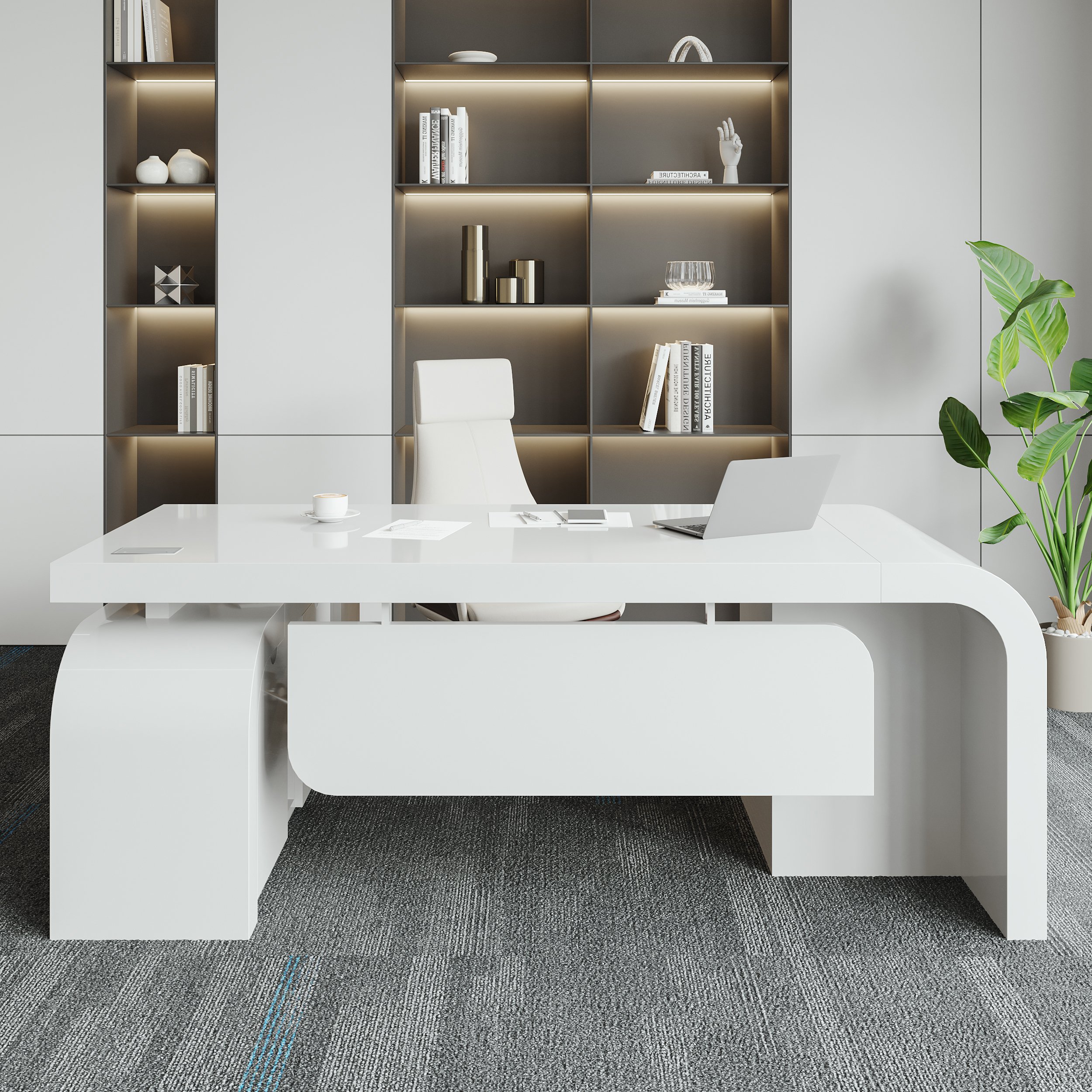 HMR L-shaped Modern Executive Desk & Reclining Leather Office Chair - White, 63.0"L x 63.0"W x 29.9"H, Right Hand