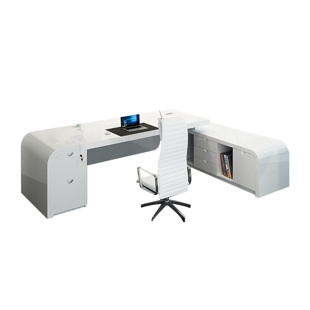 HMR L-shaped Modern Executive Desk & Reclining Leather Office Chair - White, 63.0"L x 63.0"W x 29.9"H, Right Hand