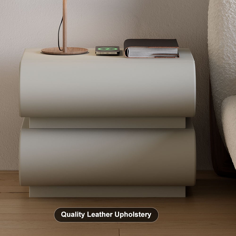 HMR Humply Modern Leather Smart Nightstand with Wireless Charger Drawers - Light Gray, 2-Drawer, Set Of 2