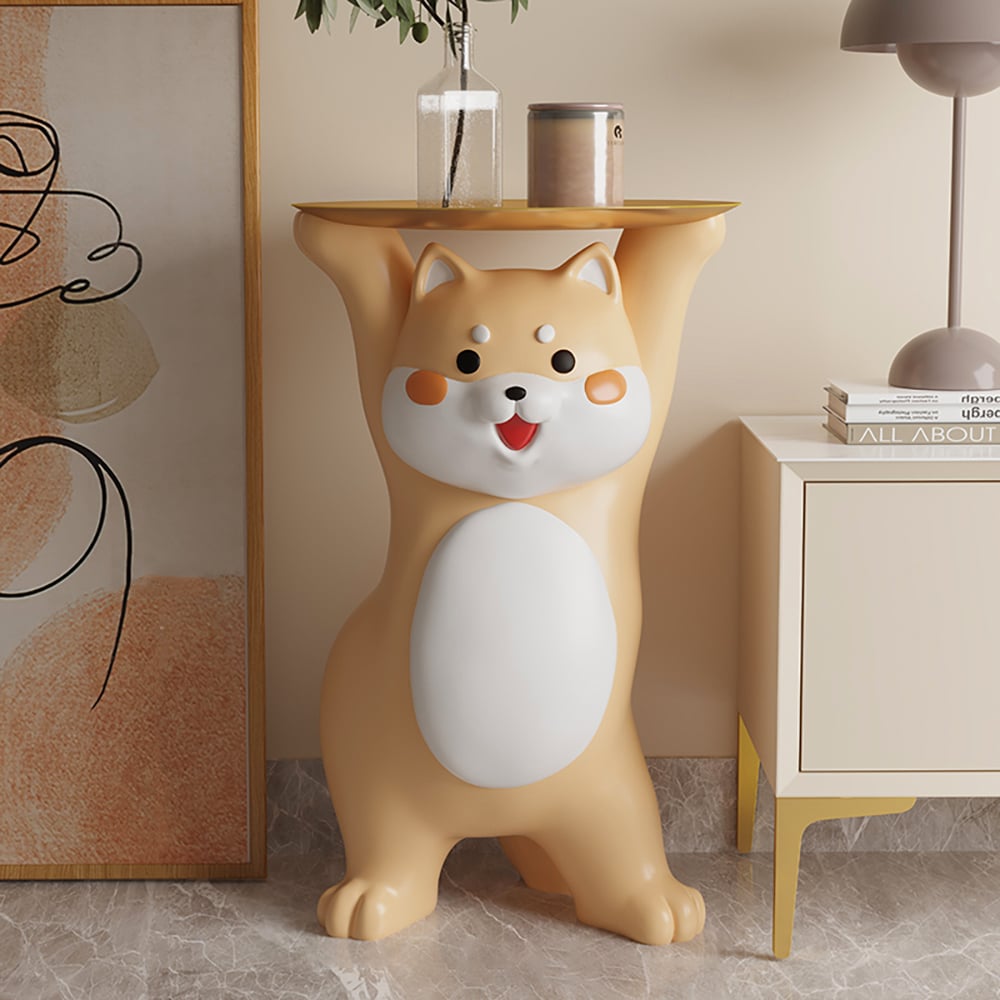 HMR - Modern Dog Side Table Resin Figurine with Gold Tray