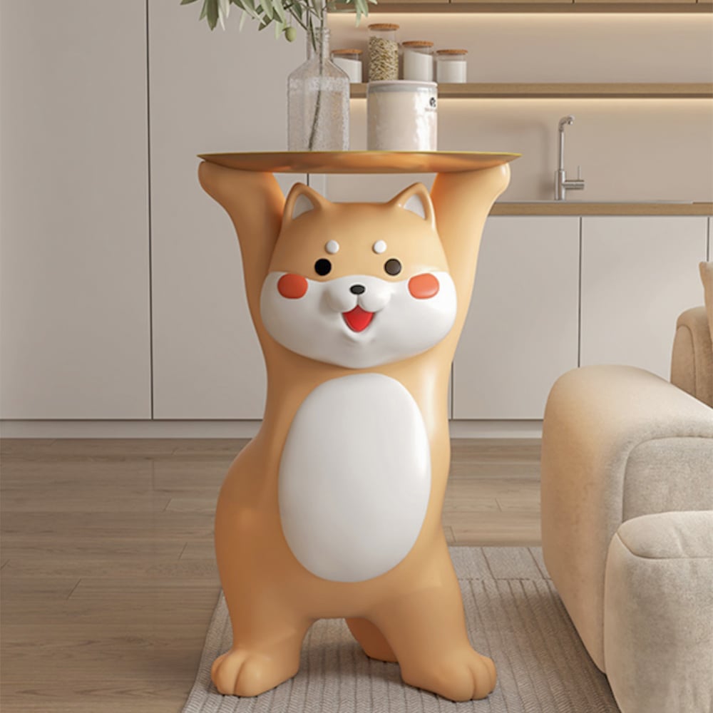 HMR - Modern Dog Side Table Resin Figurine with Gold Tray