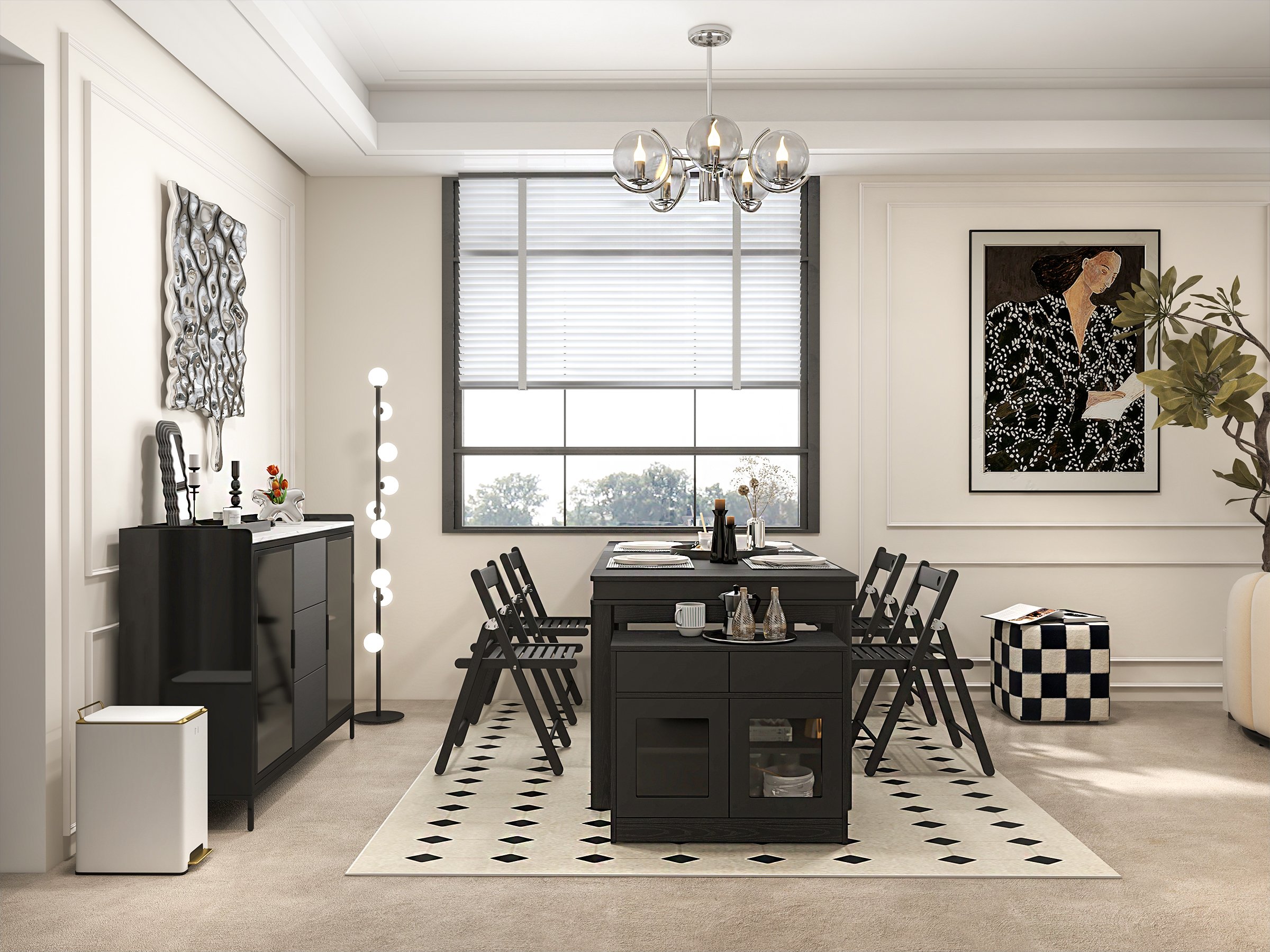 HMR Dining Set 70.9" Farmhouse Rectangle Folding Storage Dining Table With 4 Chairs - Black