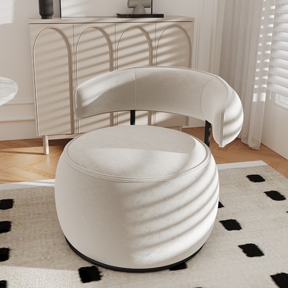 HMR - Modern Off-White Swivel Armchair Barrel Accent Chair Velvet Upholstered