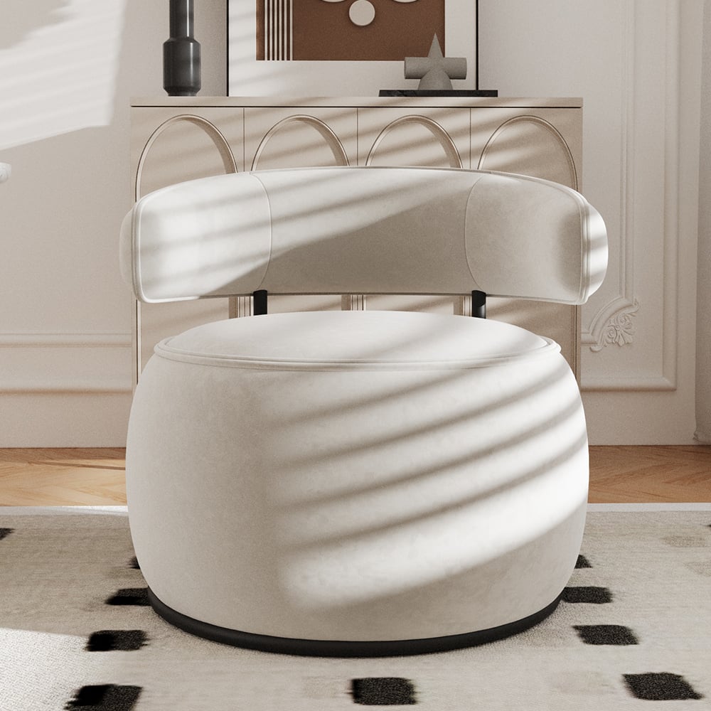 HMR - Modern Off-White Swivel Armchair Barrel Accent Chair Velvet Upholstered