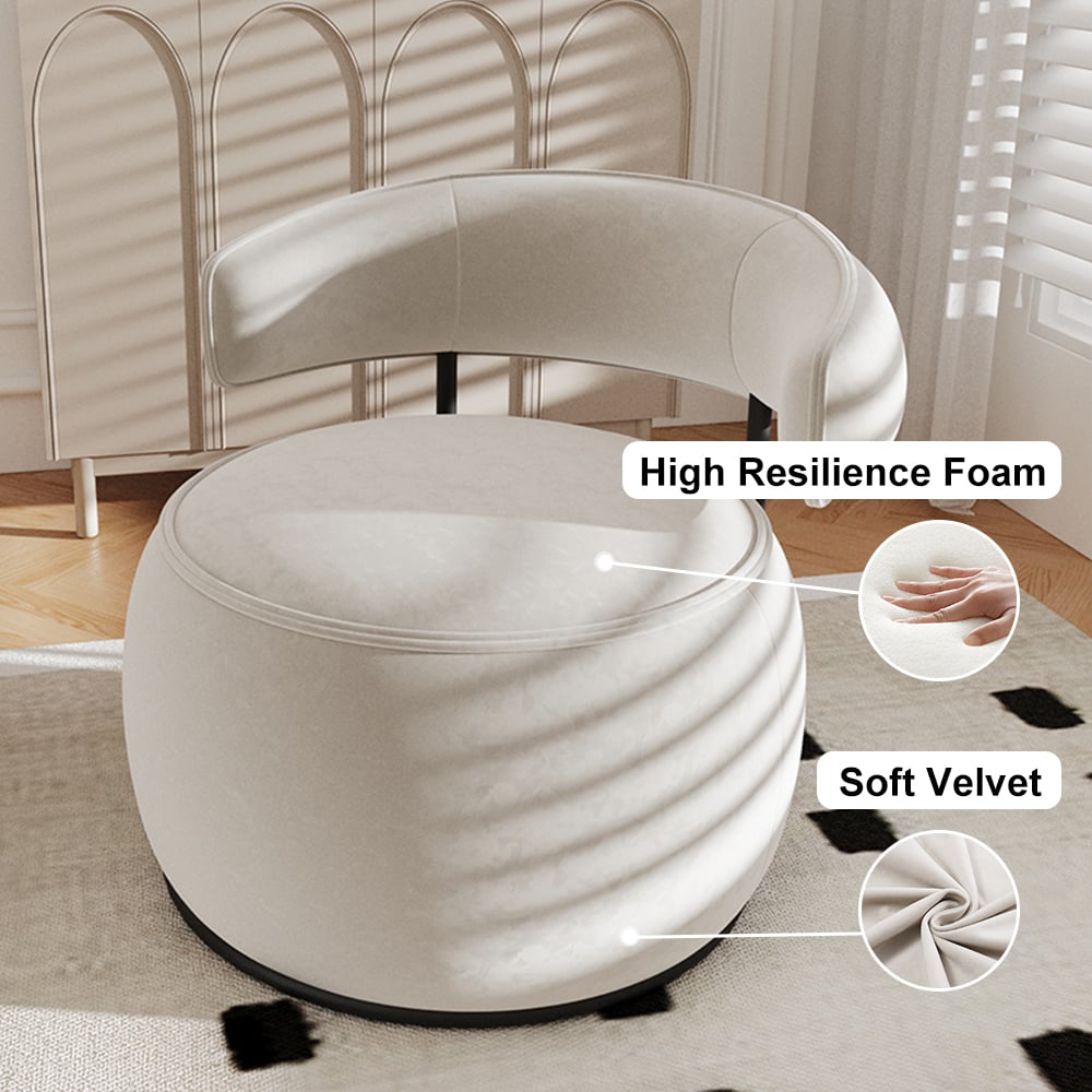 HMR - Modern Off-White Swivel Armchair Barrel Accent Chair Velvet Upholstered