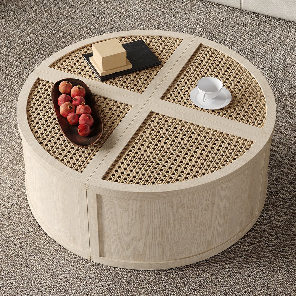 HMR - Round to Square Block Modular Coffee Table White Oak Rattan with Storage 4 Piece