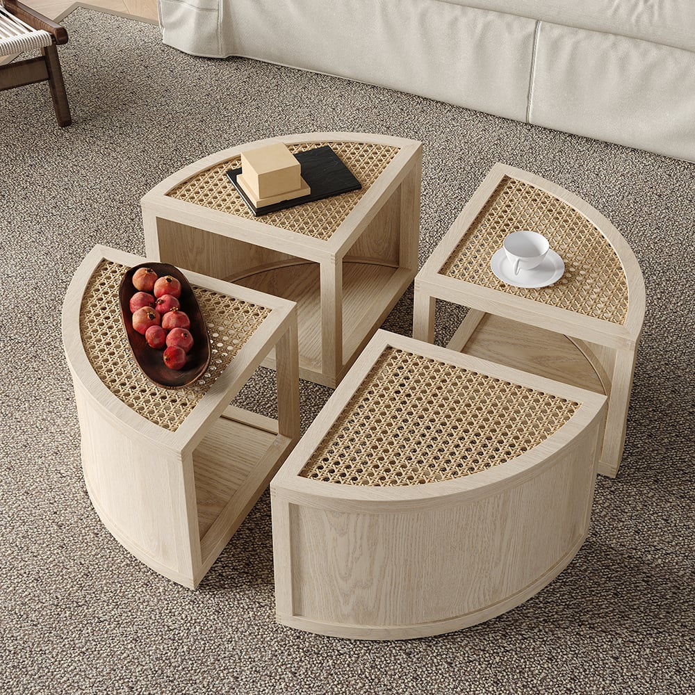 HMR - Round to Square Block Modular Coffee Table White Oak Rattan with Storage 4 Piece