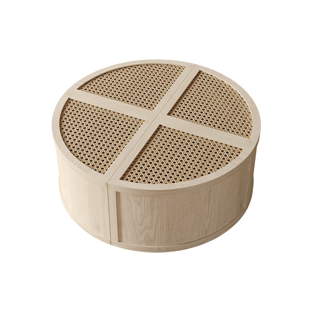 HMR - Round to Square Block Modular Coffee Table White Oak Rattan with Storage 4 Piece