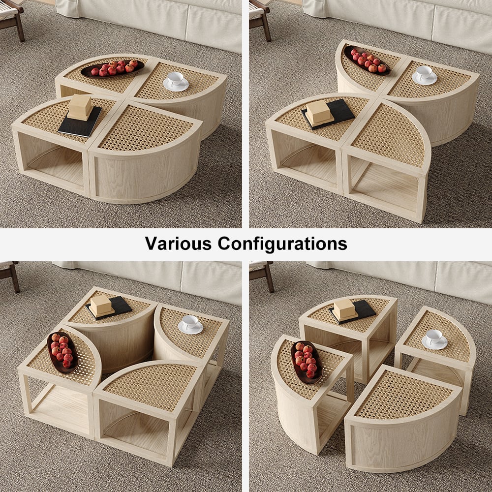 HMR - Round to Square Block Modular Coffee Table White Oak Rattan with Storage 4 Piece