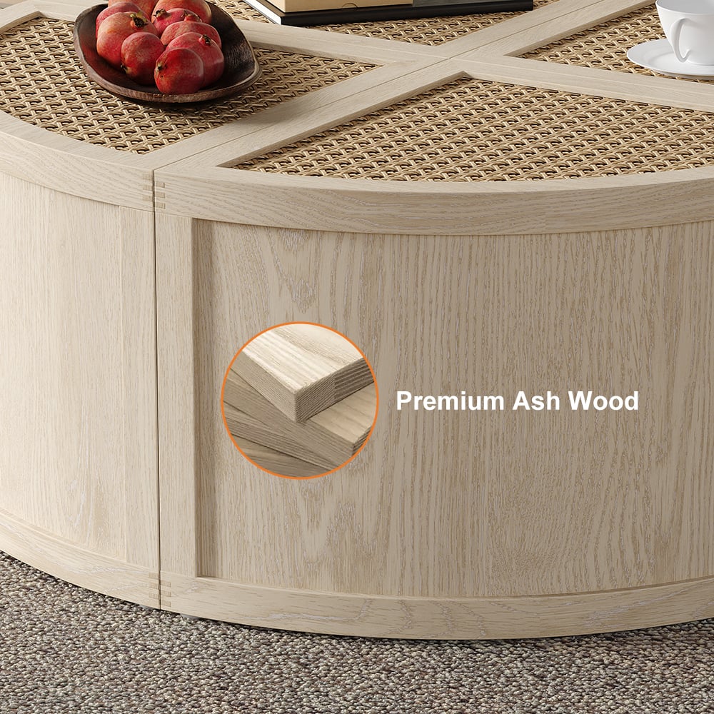 HMR - Round to Square Block Modular Coffee Table White Oak Rattan with Storage 4 Piece