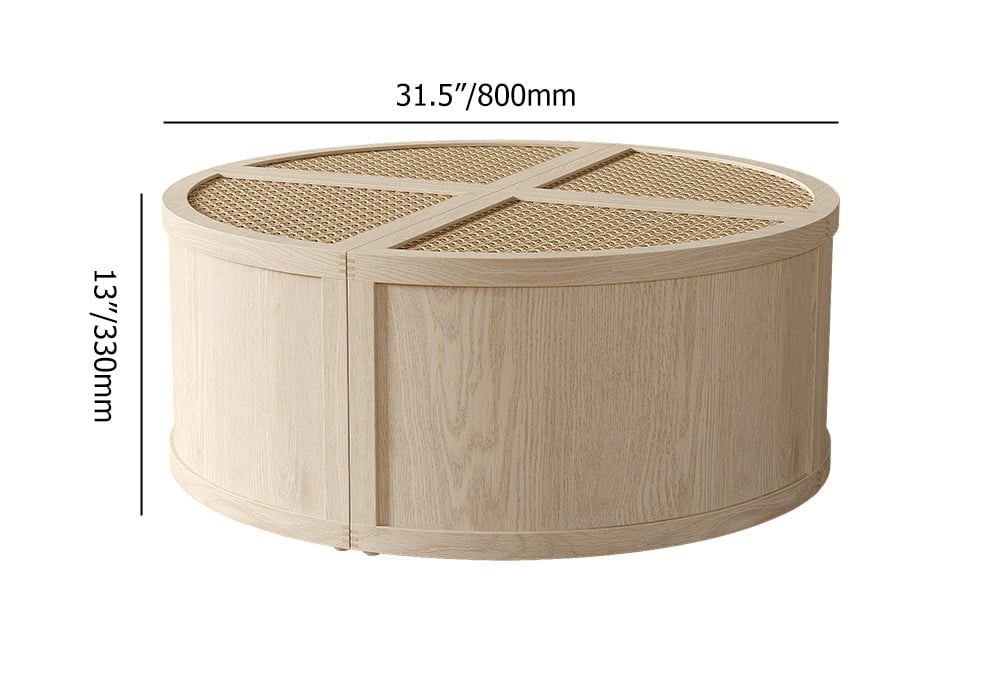 HMR - Round to Square Block Modular Coffee Table White Oak Rattan with Storage 4 Piece