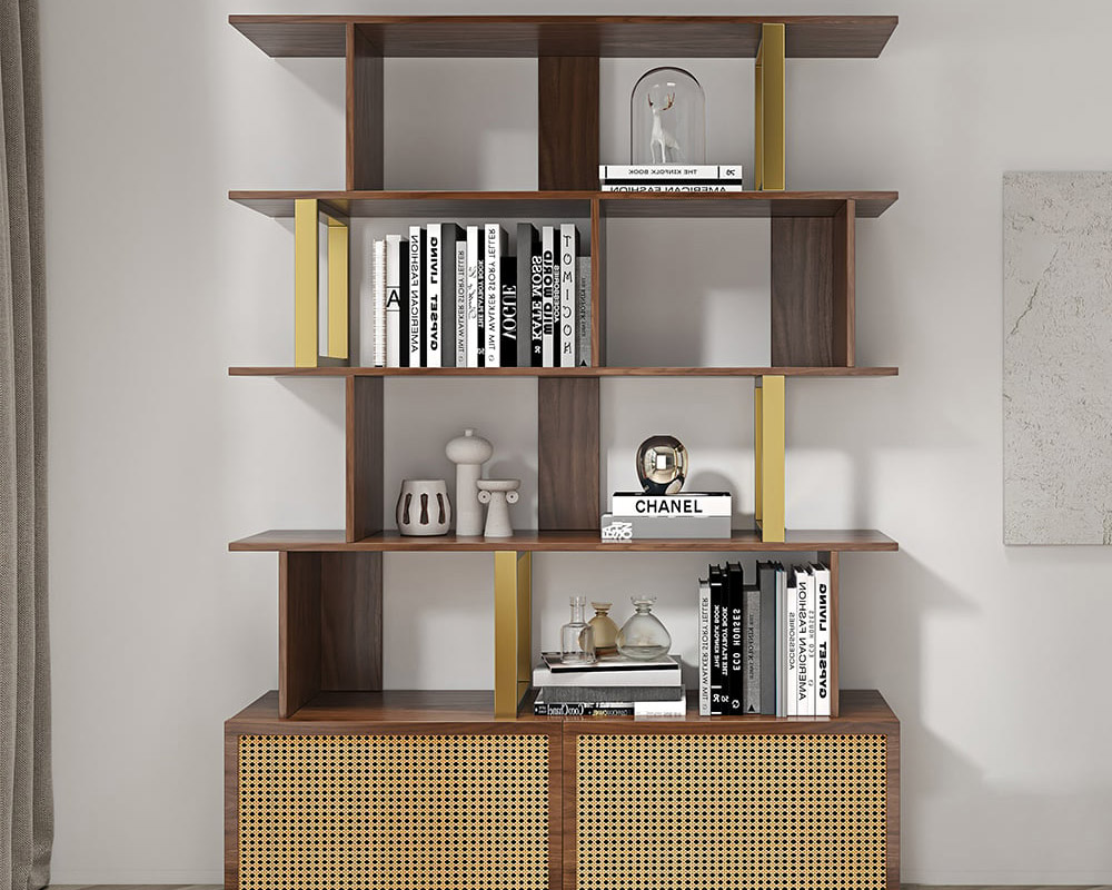 HMR 5-Tier Wood Bookshelf with 2 Doors Modern Bookcase in Gold Finish - Walnut
