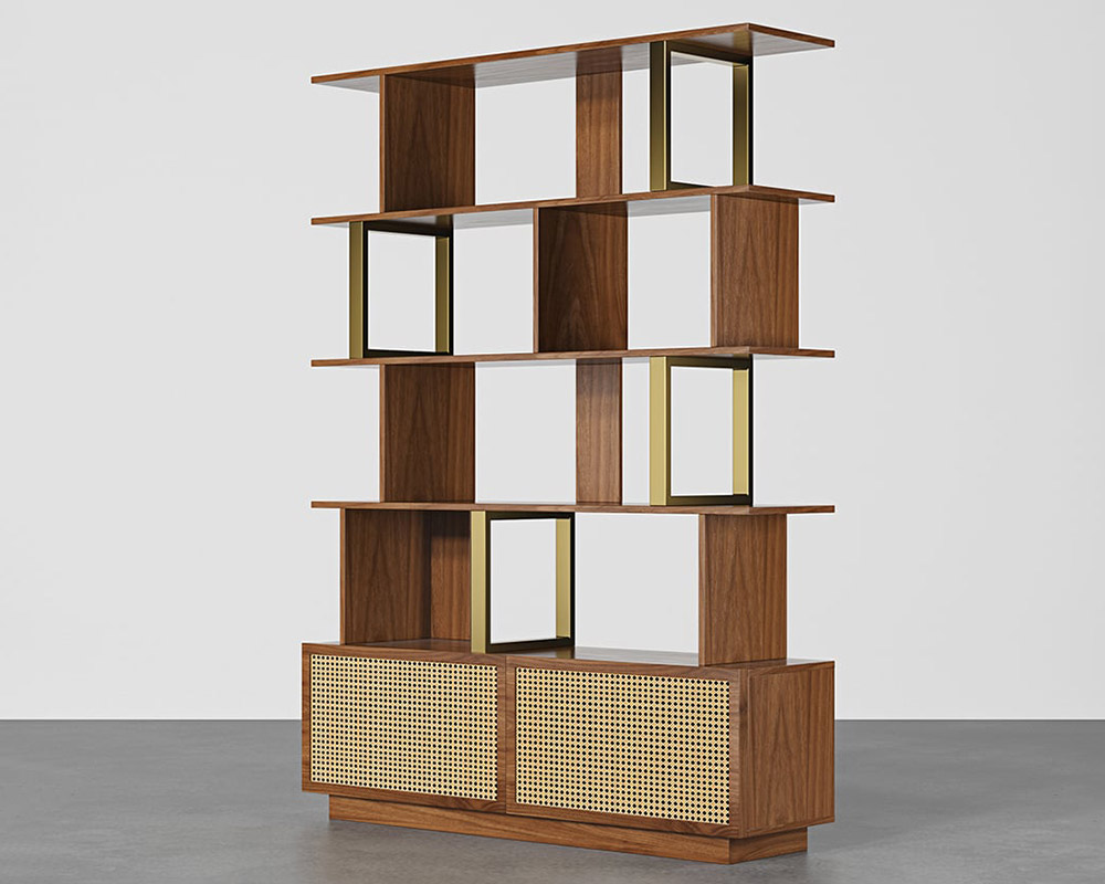 HMR 5-Tier Wood Bookshelf with 2 Doors Modern Bookcase in Gold Finish - Walnut