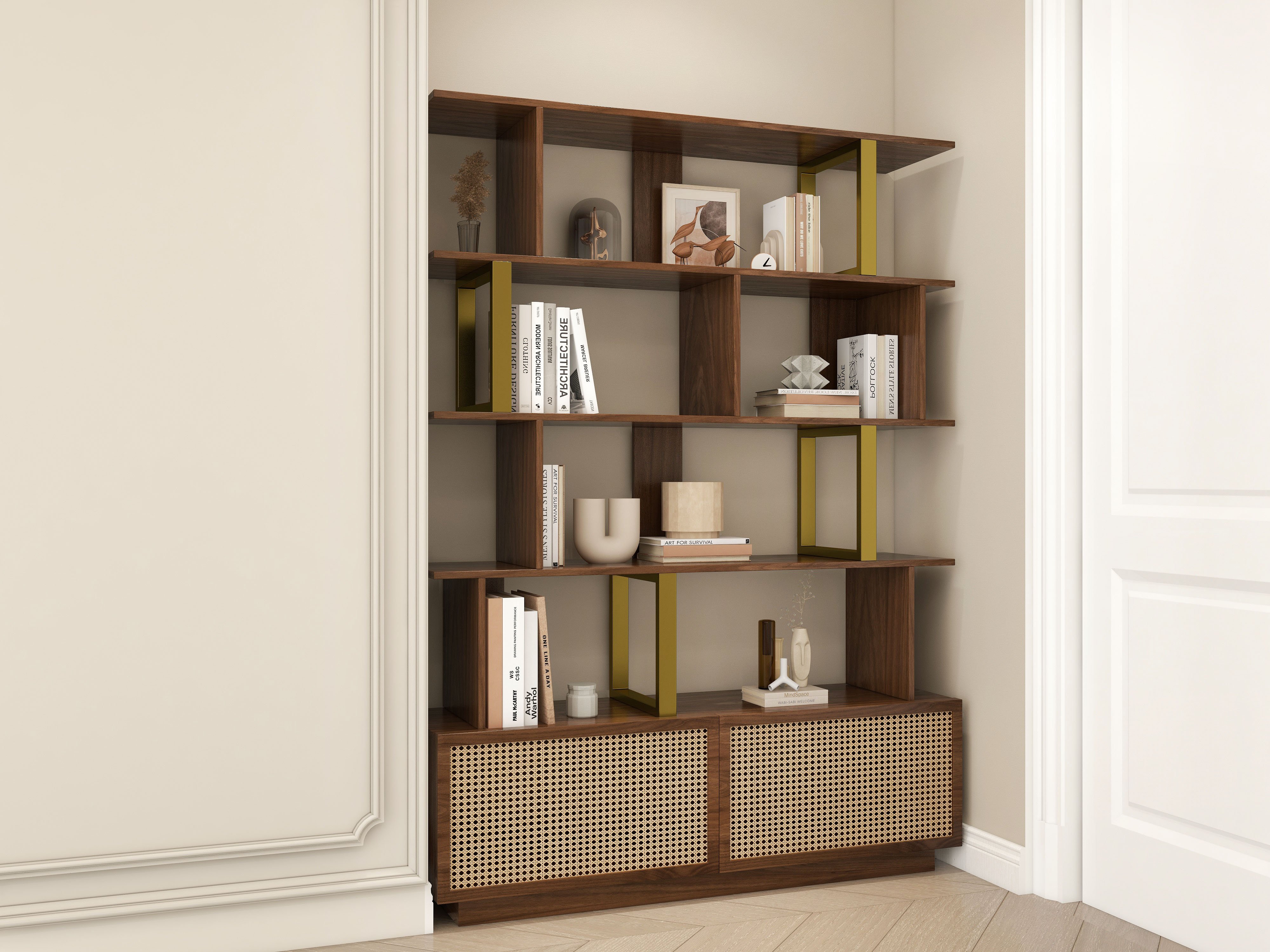 HMR 5-Tier Wood Bookshelf with 2 Doors Modern Bookcase in Gold Finish - Walnut