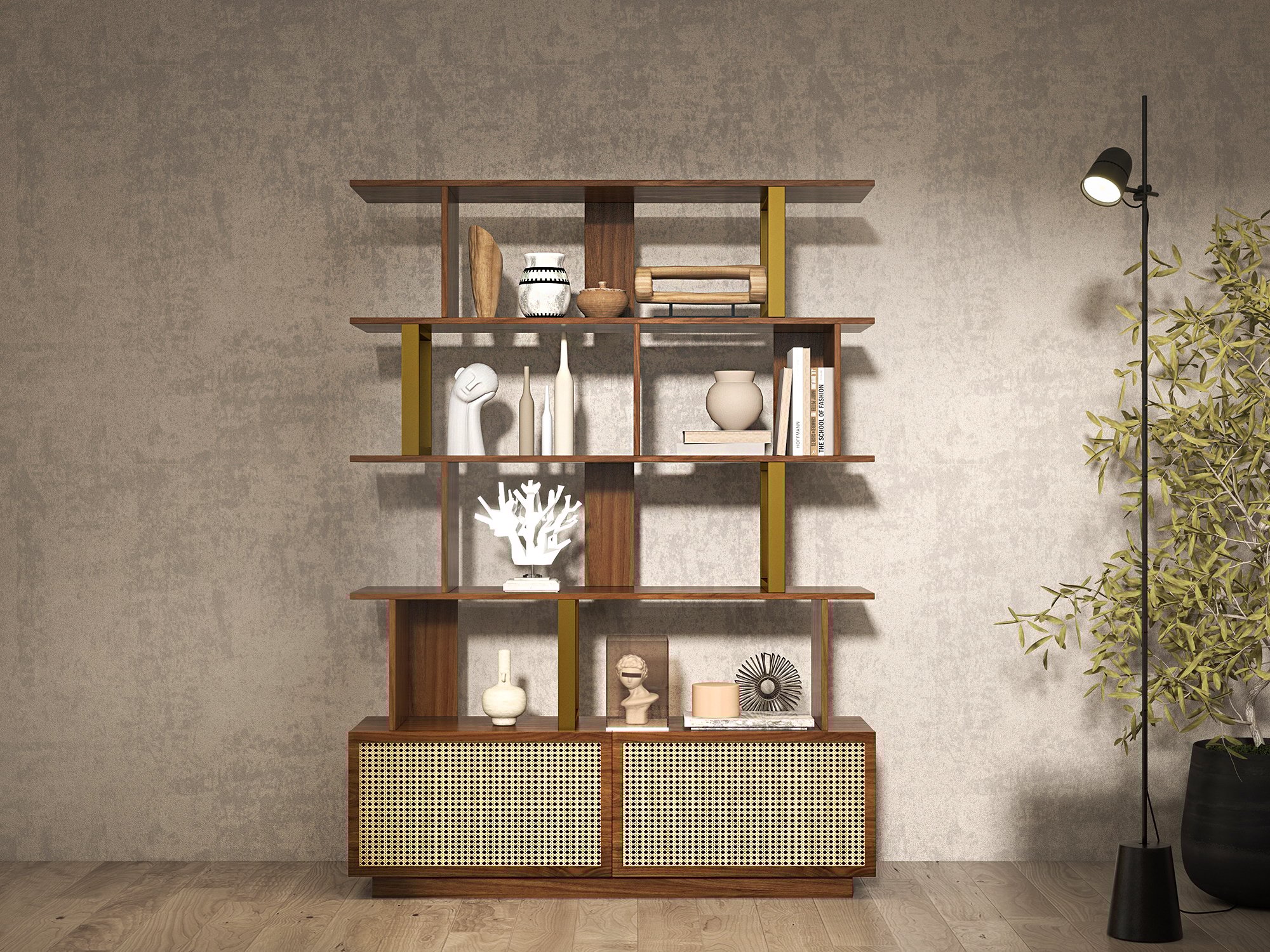 HMR 5-Tier Wood Bookshelf with 2 Doors Modern Bookcase in Gold Finish - Walnut