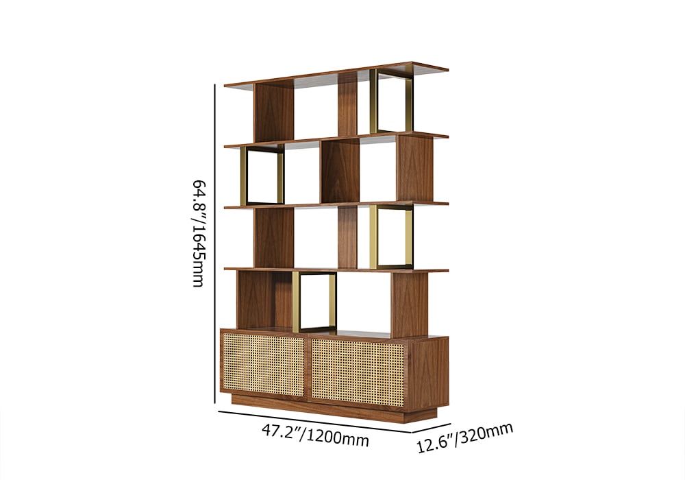 HMR 5-Tier Wood Bookshelf with 2 Doors Modern Bookcase in Gold Finish - Walnut