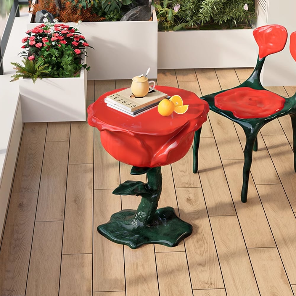 HMR - Modern Small End Table Red Resin Rose Sculpture Cute Pedestal Side Table with Tray