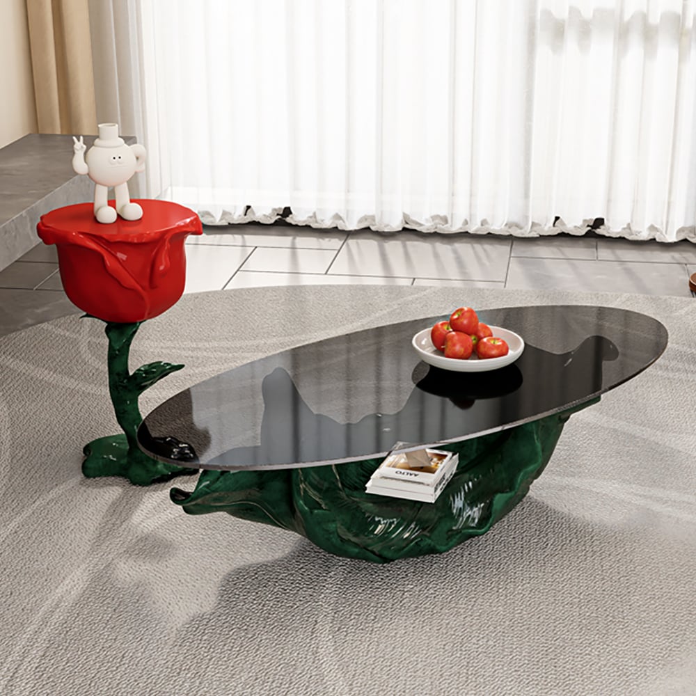 HMR - Modern Small End Table Red Resin Rose Sculpture Cute Pedestal Side Table with Tray