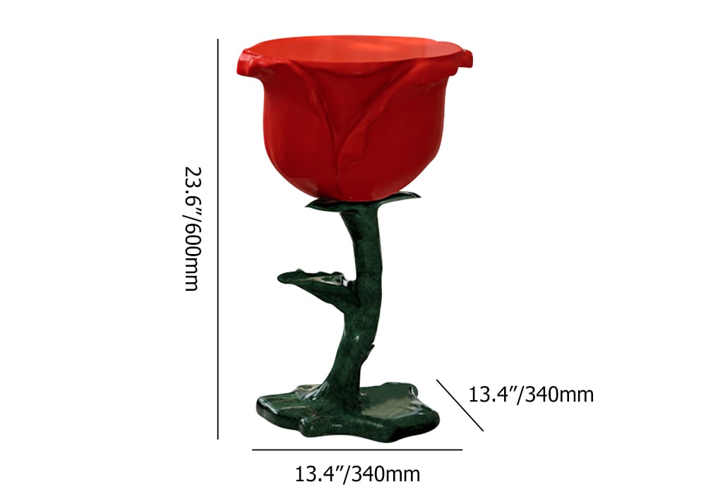 HMR - Modern Small End Table Red Resin Rose Sculpture Cute Pedestal Side Table with Tray