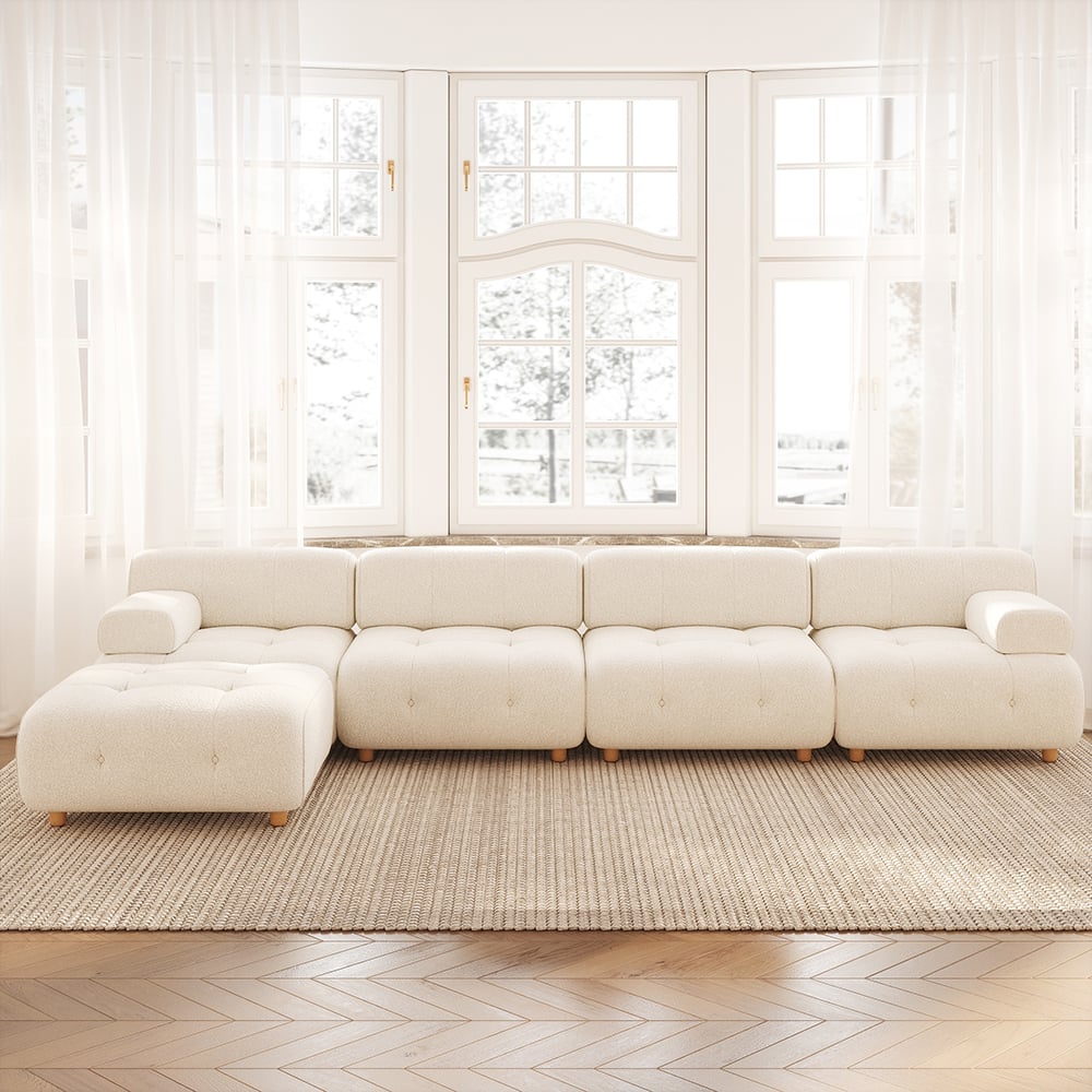 HMR - Modern L-Shaped Modular White Boucle Corner Sectional Sofa Loveseat with Wood Legs