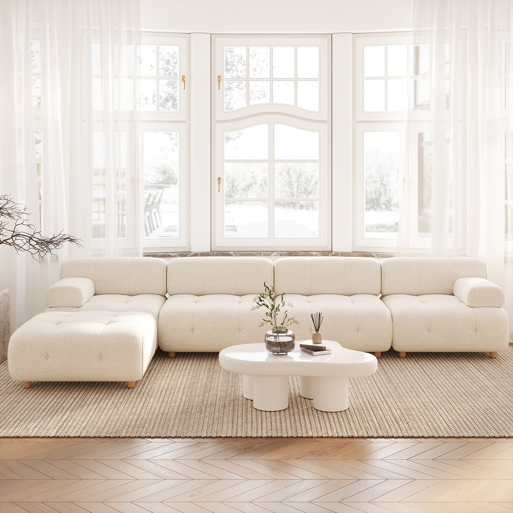 HMR - Modern L-Shaped Modular White Boucle Corner Sectional Sofa Loveseat with Wood Legs