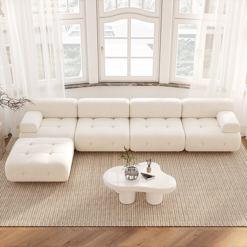 HMR - Modern L-Shaped Modular White Boucle Corner Sectional Sofa Loveseat with Wood Legs