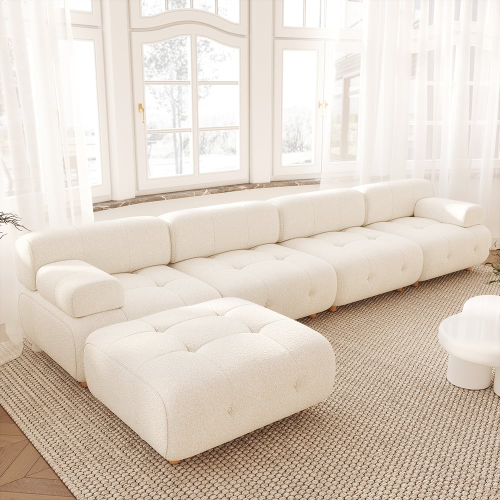 HMR - Modern L-Shaped Modular White Boucle Corner Sectional Sofa Loveseat with Wood Legs