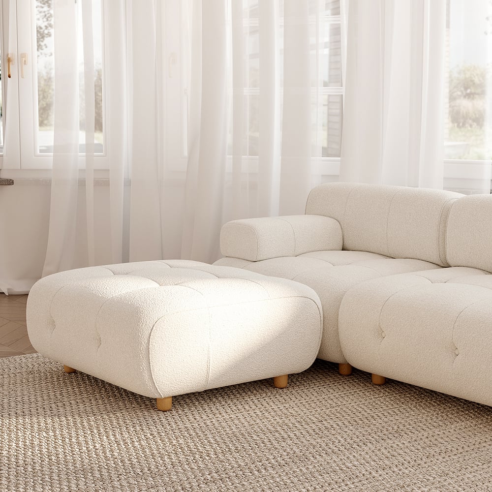 HMR - Modern L-Shaped Modular White Boucle Corner Sectional Sofa Loveseat with Wood Legs