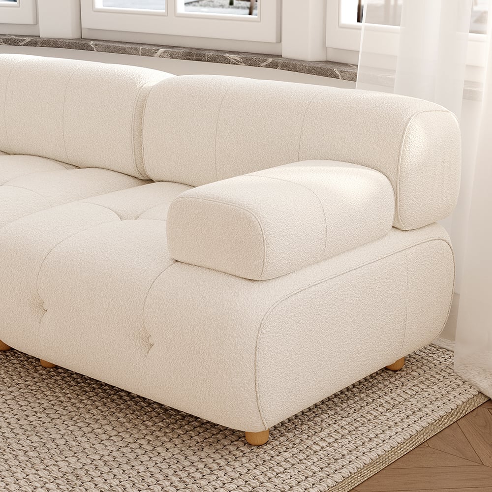 HMR - Modern L-Shaped Modular White Boucle Corner Sectional Sofa Loveseat with Wood Legs