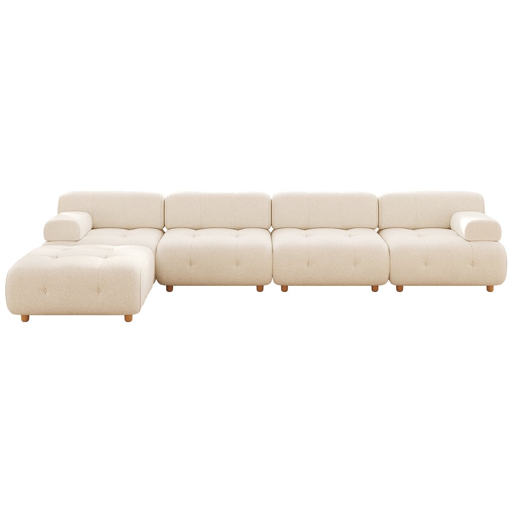HMR - Modern L-Shaped Modular White Boucle Corner Sectional Sofa Loveseat with Wood Legs