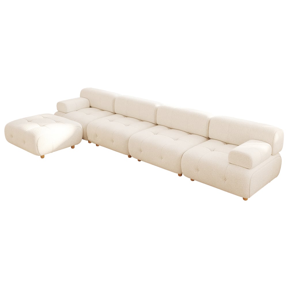HMR - Modern L-Shaped Modular White Boucle Corner Sectional Sofa Loveseat with Wood Legs