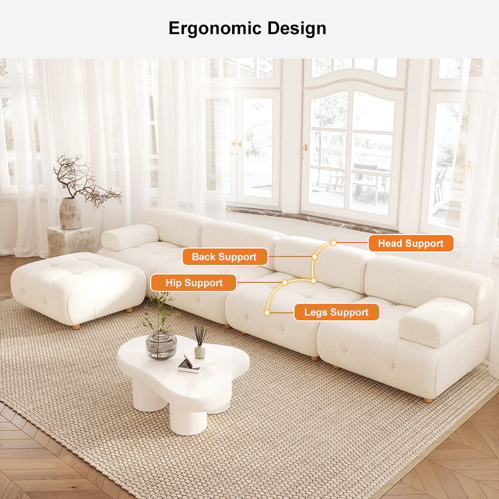 HMR - Modern L-Shaped Modular White Boucle Corner Sectional Sofa Loveseat with Wood Legs