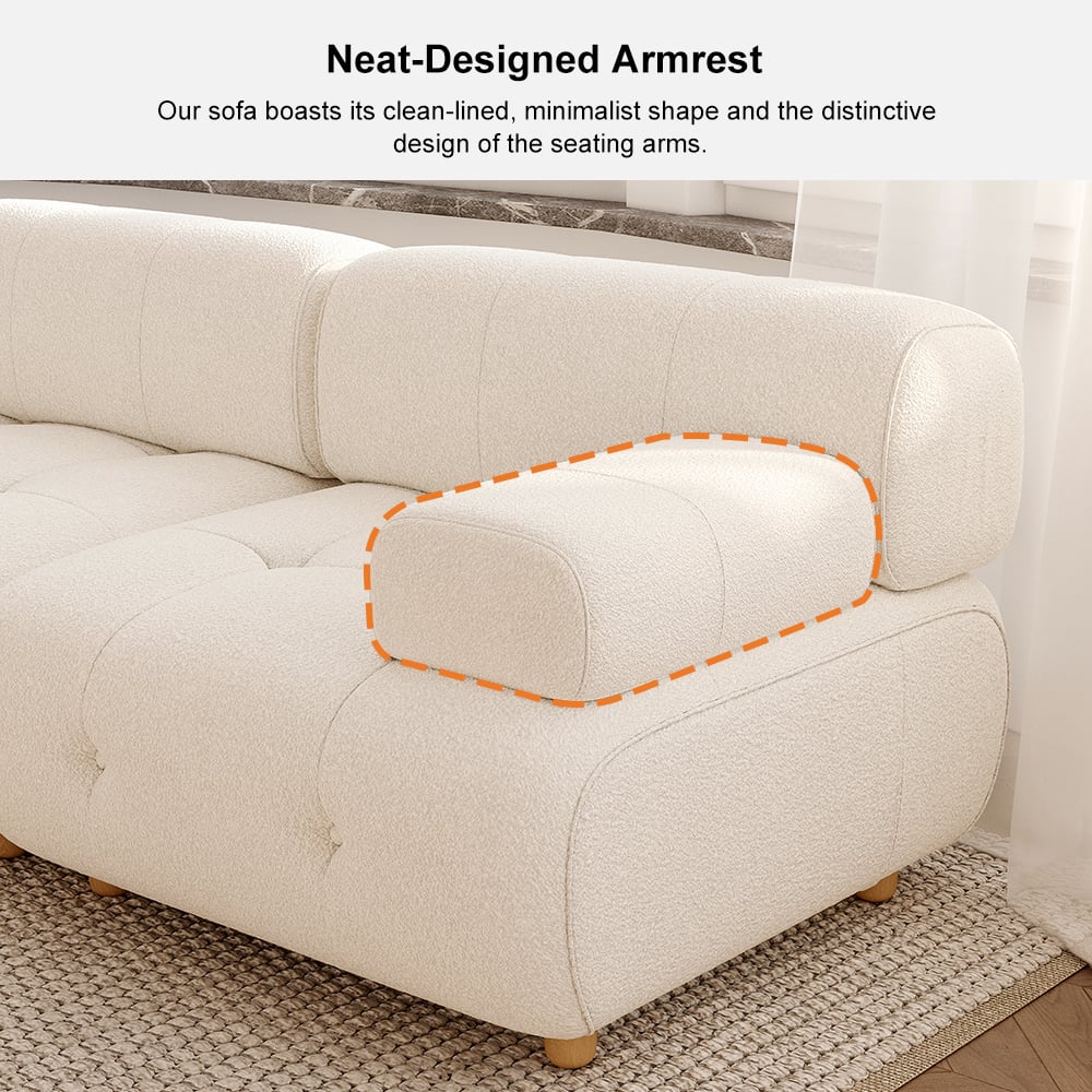 HMR - Modern L-Shaped Modular White Boucle Corner Sectional Sofa Loveseat with Wood Legs