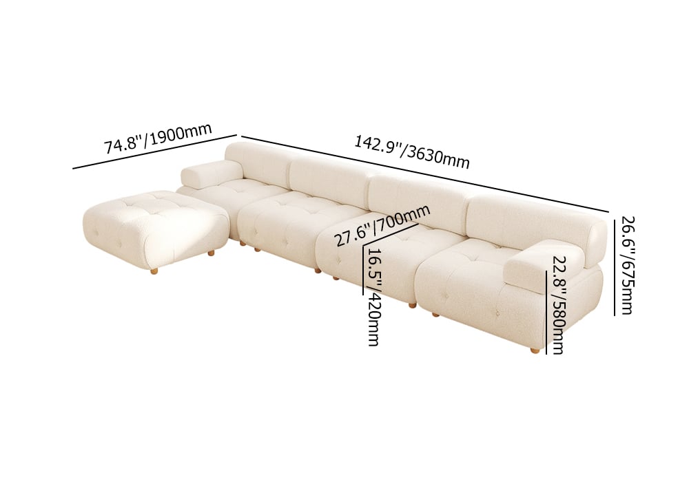 HMR - Modern L-Shaped Modular White Boucle Corner Sectional Sofa Loveseat with Wood Legs