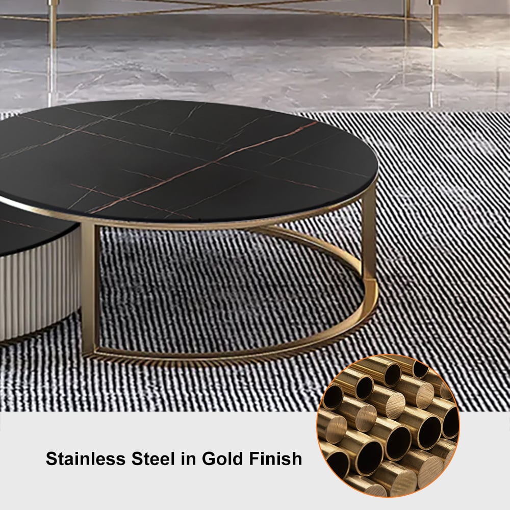 HMR Round 2-Piece Sintered Stone Top Nesting Coffee Table with Drawer - Black/Gold