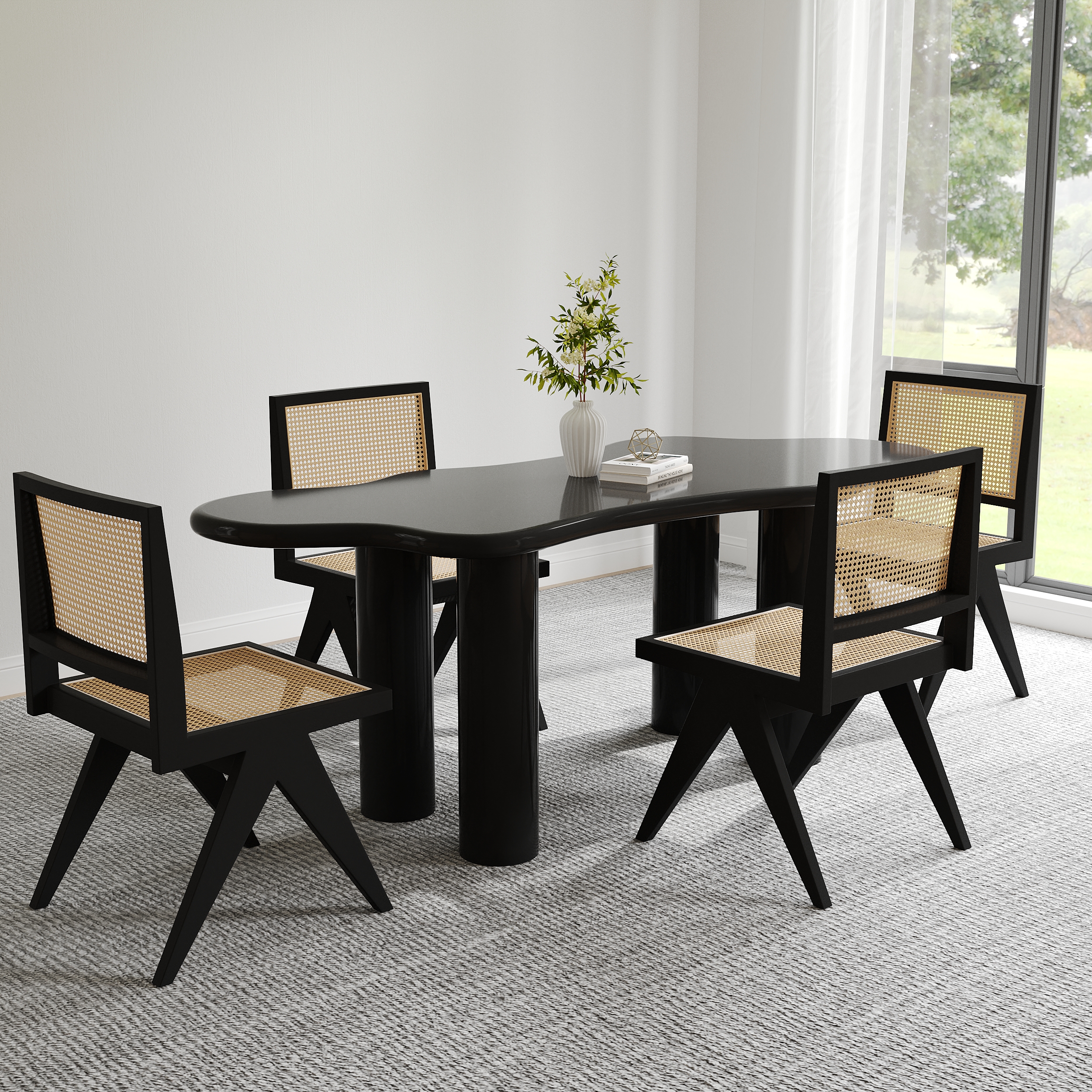 HMR Dining Set 70.9" Japandi Irregular Wood Dining Table Black with 4 Chairs - Black, Style A, With 4 Chairs