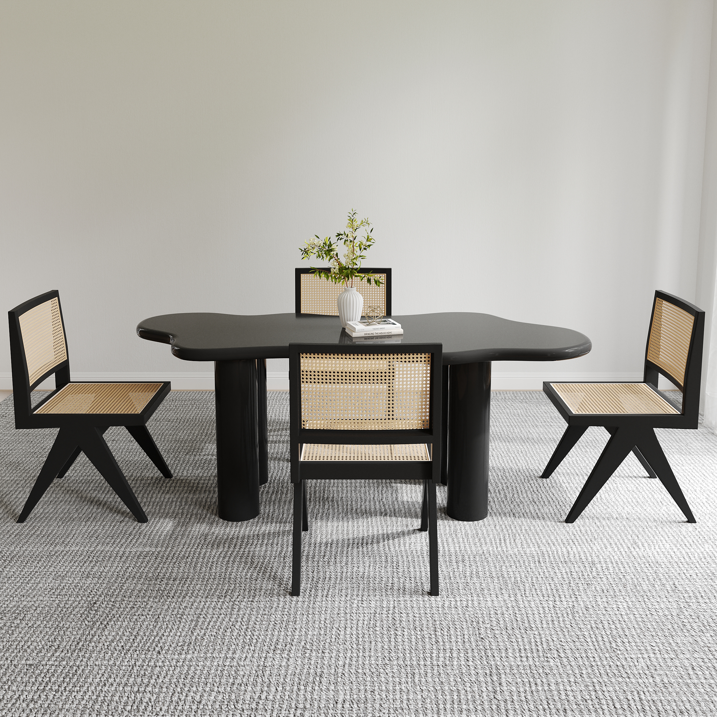 HMR Dining Set 70.9" Japandi Irregular Wood Dining Table Black with 4 Chairs - Black, Style A, With 4 Chairs