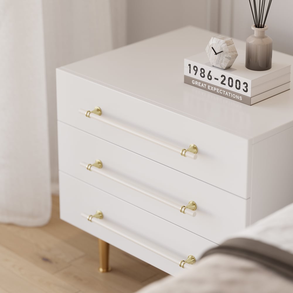 HMR - Modern White 3 Drawer Nightstand Bedside Table with Storage